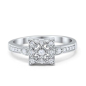 Art Deco Engagement Ring Round Simulated Cubic Zirconia 925 Sterling Silver